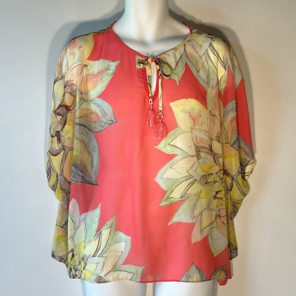 Trina Turk OSFM Coral Floral Semi Sheer Top Resort Abstract Cover Up Flowy Silky - Picture 1 of 7